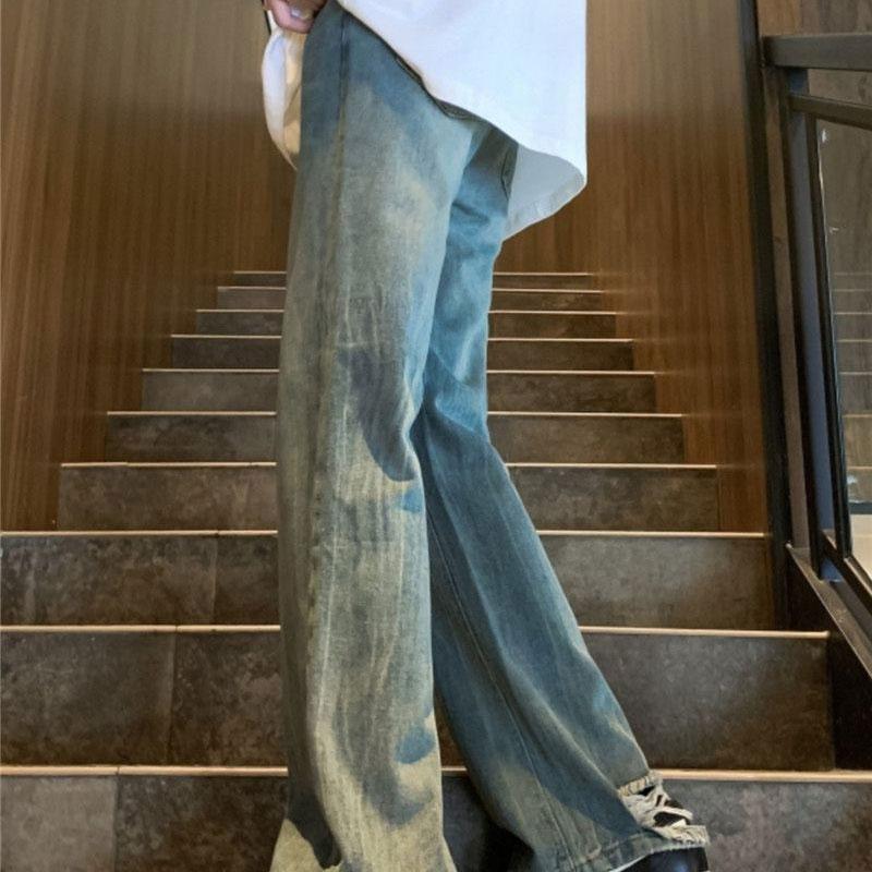 High Street Vintage Hole Loose Trousers Autumn Winter High Waist Denim Pants Men's Clothing Wide Leg Stylish Distressed Jeans