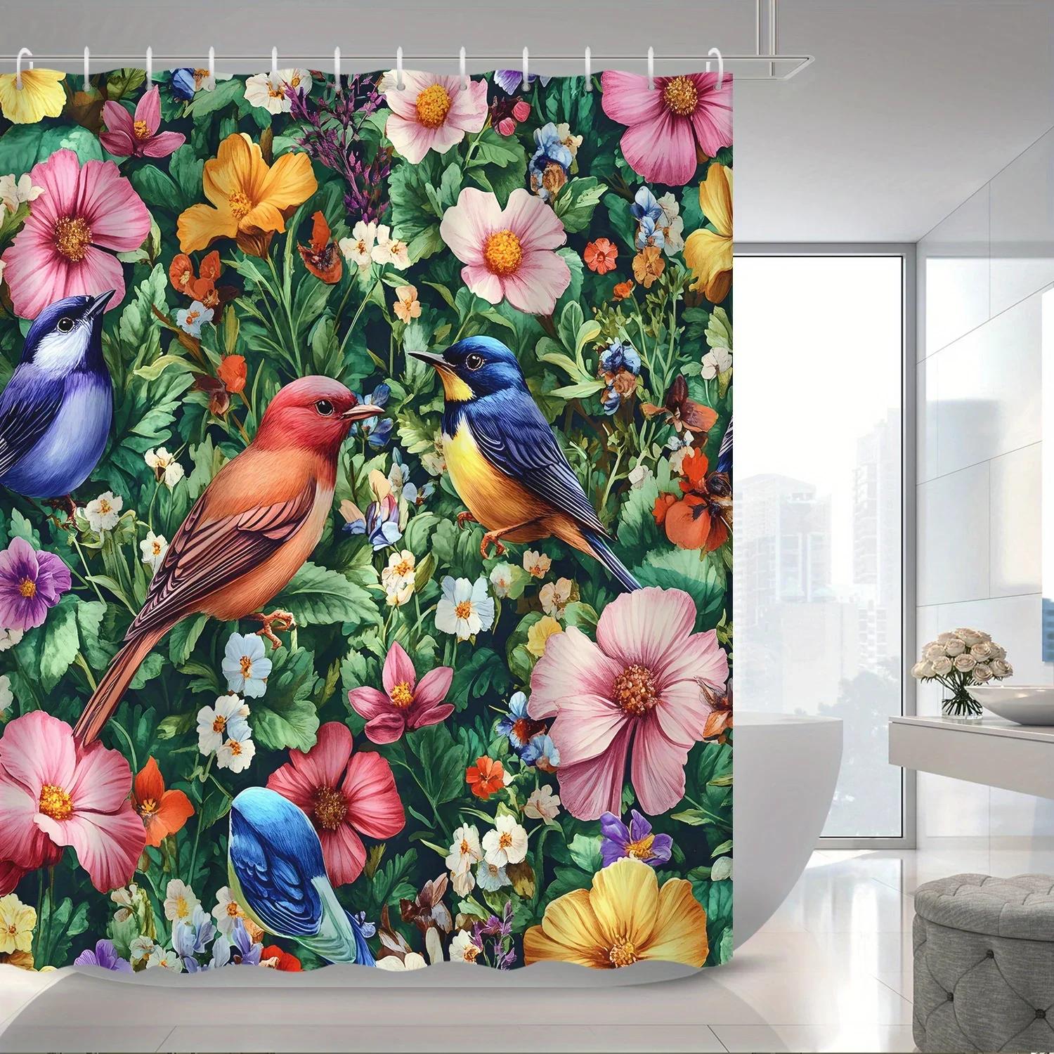 1pc Modern Garden Flowers Plants Animal Magpie Bird Shower Curtain, 12 Hooks Bath Shower Curtain, Bathroom Decor 90X180CM