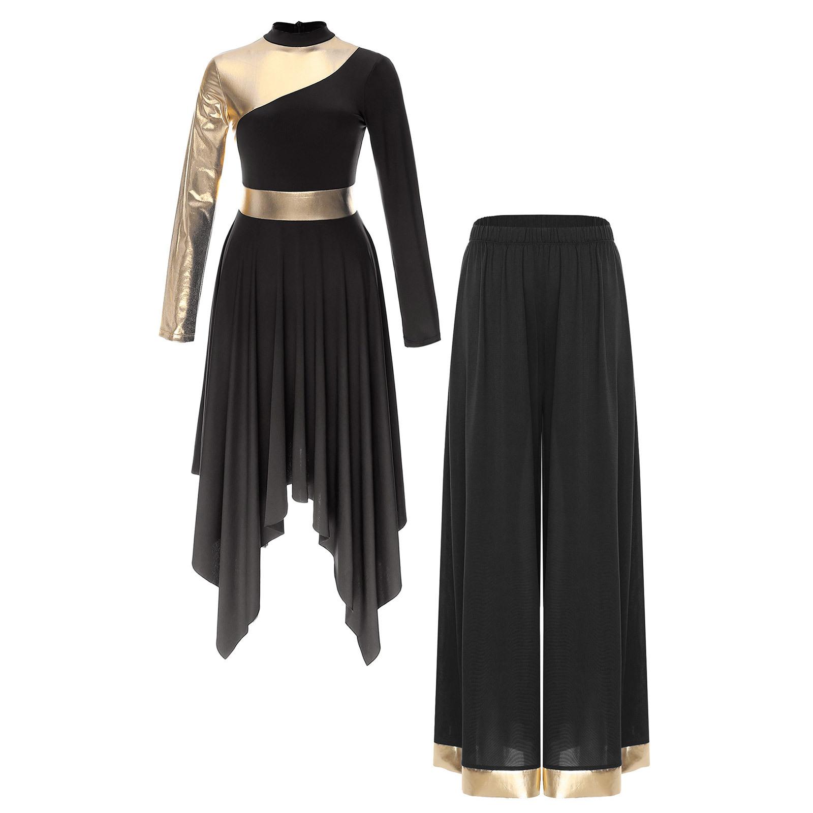 

Womens Praise Dance Dress Asymmetrical Hem Long Sleeve Wide Leg Pants Contrast Color Worship Outfit S
