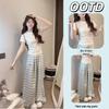 Korean Style Light Blue Plaid Embroidered High-Waisted Wide-Leg Pants