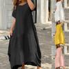 Dame V-hals Kort Erm Løs Bomull Lin Kjole Sommer Mote Kvinne Oversized S-5XL Lang Maxi Kjole