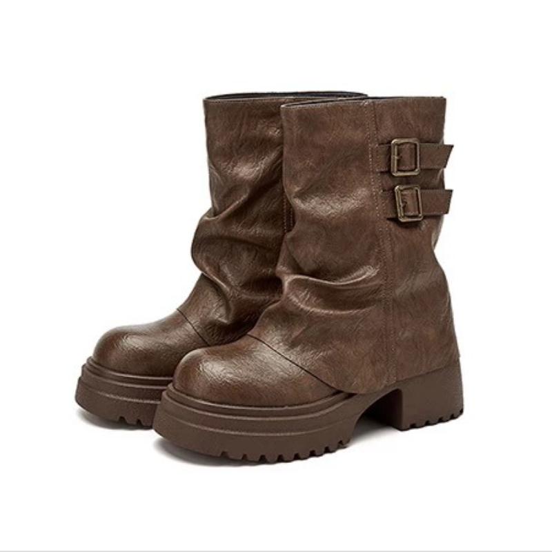 Fashion Ankle Women Boots Platform Chunky Fashion Shoes Elegant 2025 Winter New Pleated Chelsea Leather Shoes Woman Party Pumps Botas