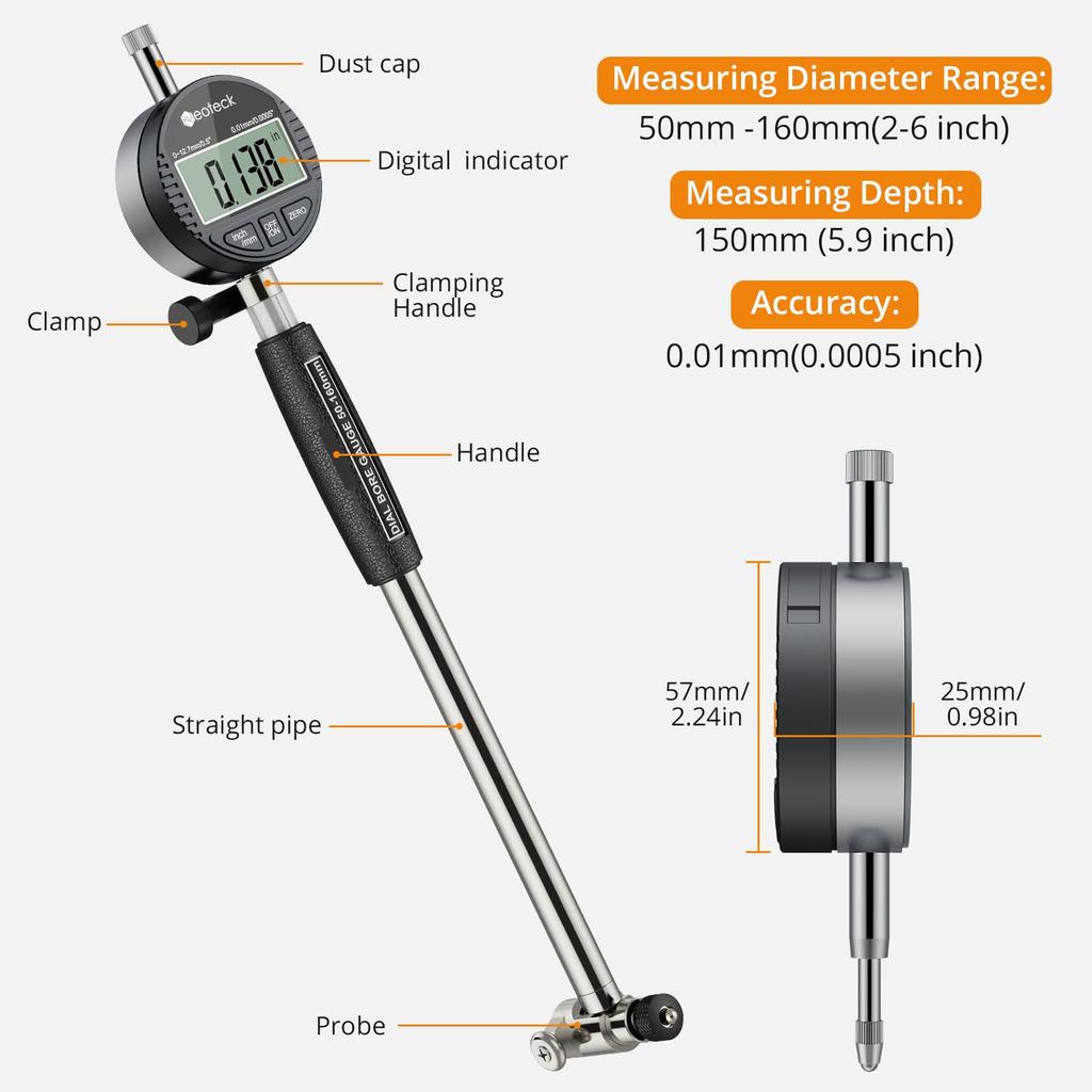 Neoteck Bore Gauge Dial Bore Digital Dial Measuring Range Accuracy Dial Measuring Range Dial Inner Diameter Includes 12 Standard Cylinder Gauge Set,