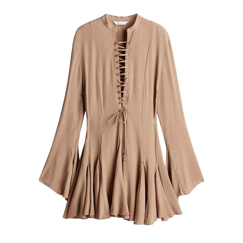 

Spring and Summer Women s Clothing Elegance Wind V Neck Long Sleeves Speaker Shoelace Decoration High Waist A- line Short Dress 1284965 Beige L