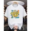 European Sizes "Cruise Time" Pattern T-shirt | White Tropical Cruise Design with Palm Tree and Sunset, Short Sleeve Crew Neck