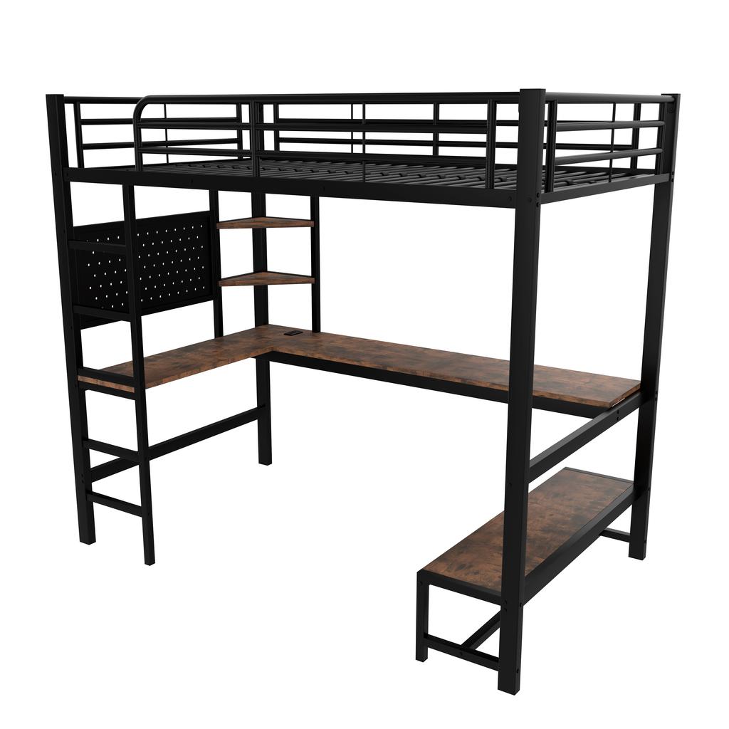 Loft Bed, 90 X 200cm, Iron Frame, Desk, Railing, Ladder, Multiple Shelves, USB+Type-C Socket, LED Strip, Pegboard, Without Mattress, Black