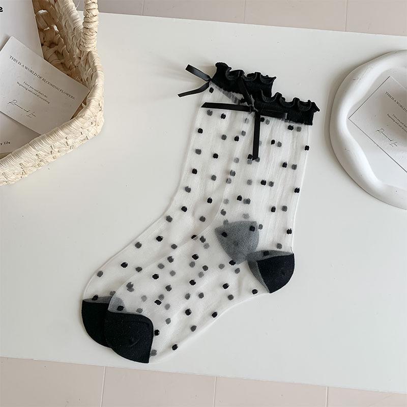 

Women s Summer Transparent Bowknot Polka Dot Socks - Cute Japanese Style Stockings One Size - Polka Dot Bowknot Mesh чёрный