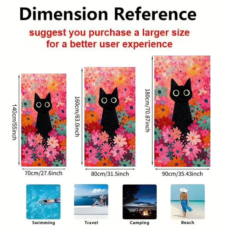 1pc Large Black Cat & Floral Bath Towel - Soft Microfiber Beach Towel with Cute Kitten & Flower Design, Unisex for s &, Swimming