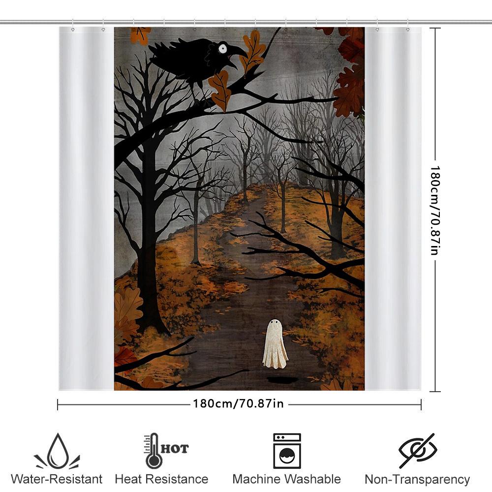 Spooky Halloween Shower Curtain Ghostly Forest Trees Pattern Bathroom Decor Home Gothic Horror Vintage Themed Backdrop