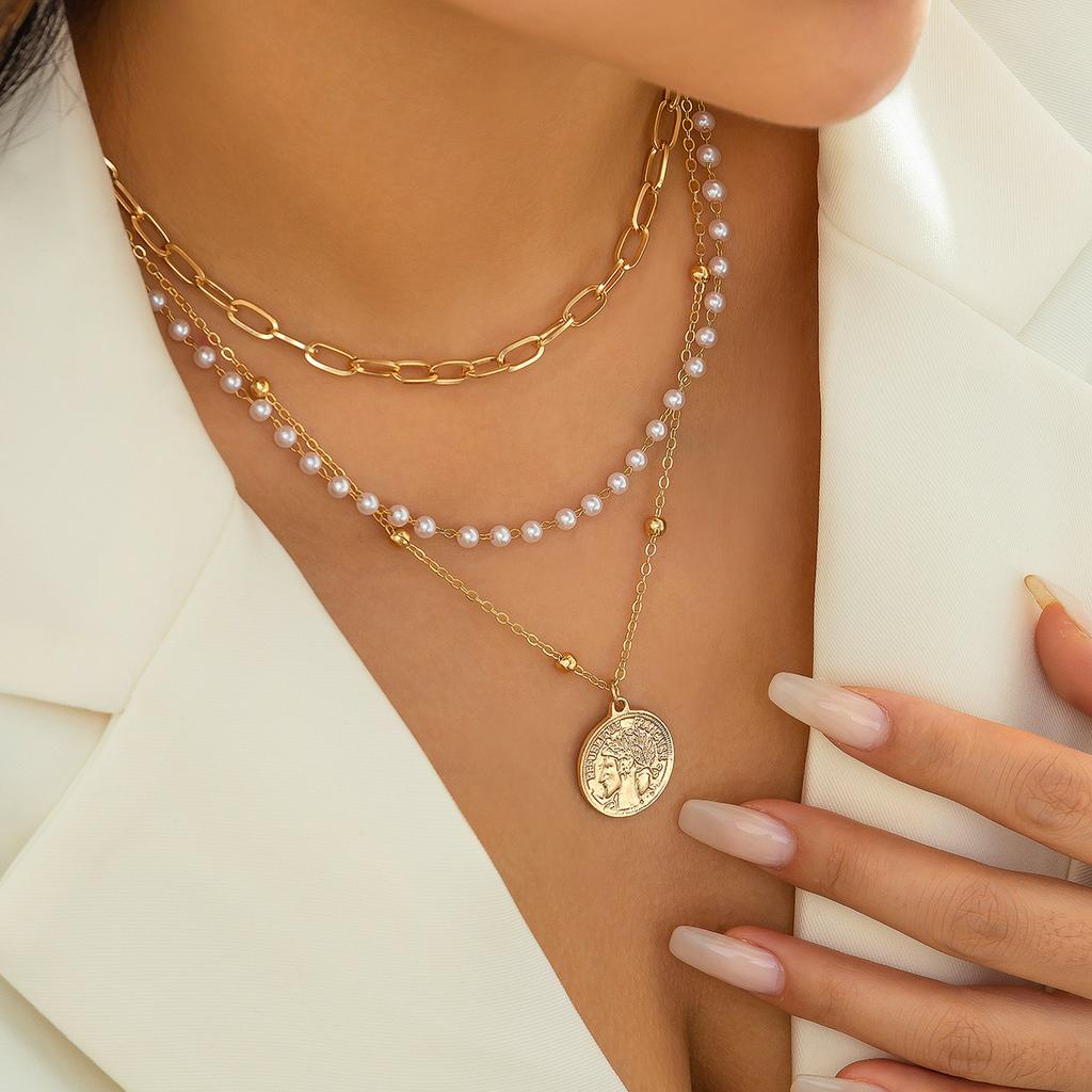 Jewelry, Simple And Cold Wind Stacked Pearl Chain Necklace, Sweet And Cool Retro Metal Tag Necklace