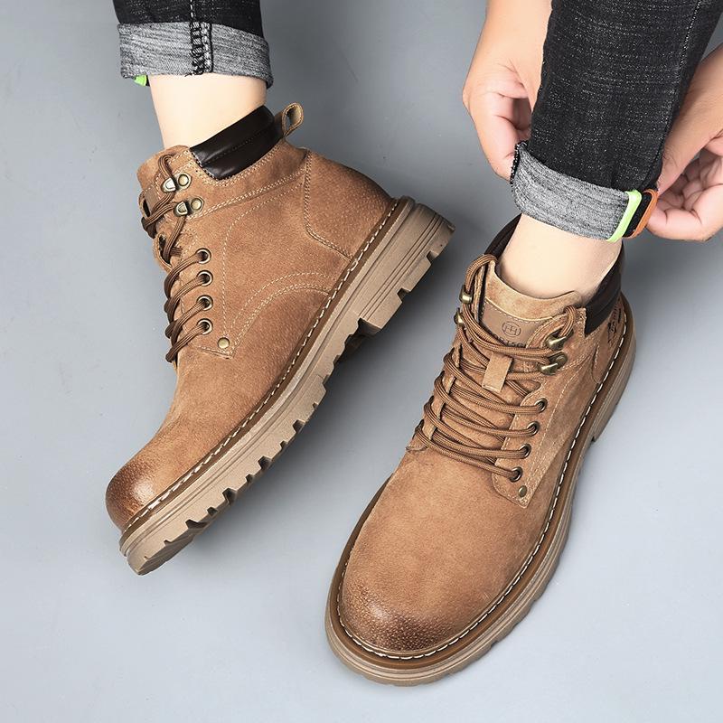 Men's High-Top Warm Genuine Leather Martin Boots - Yellow, Casual Outdoor Hiking & British Work Style for Autumn/Winter