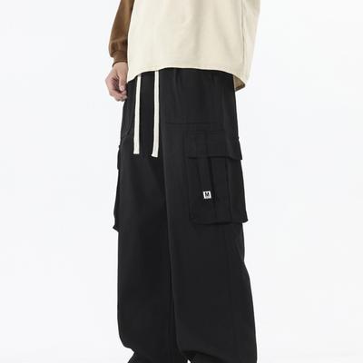 Three-dimensional Pocket Overalls Men's Casual Elastic Waist Drawstring Loose Straight Wide-leg Pants