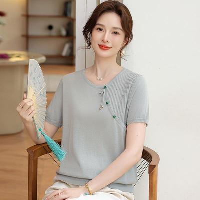 Mom's Fashionable Ice Silk Short-Sleeve Top for Middle-Aged Women