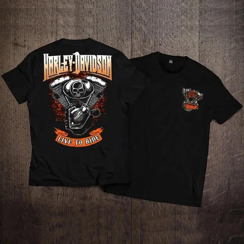 New Large-sized Short Sleeved Pure Cotton T-shirt for Men and Women Rock American Retro Harley Motorcycle Printed Loose T-shirt