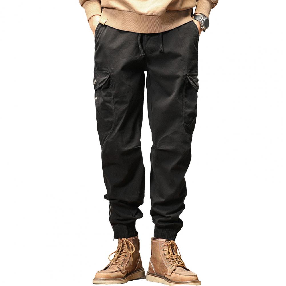 Men Cargo Pants Drawstring Elastic Waist Single Color Muti Pockets Comfortable Fit Ankle-banded Sport Trousers Streetwear Daily Wear Everyday