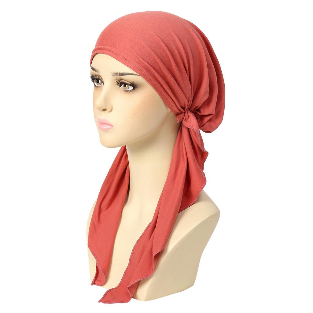 Solid Color Muslim Fashion Hijabs Turban Bonnet Long Tail Head Wraps Elastic Hijab Hats Breathable Chemo Cap For Women Girls
