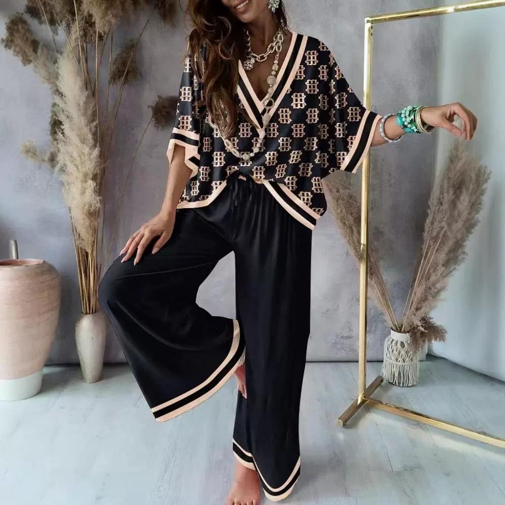 Set Top cu Mâneci Lungi Tip Aripă de Liliac Imprimat în Stil European și American pentru Femei și Pantaloni Largi