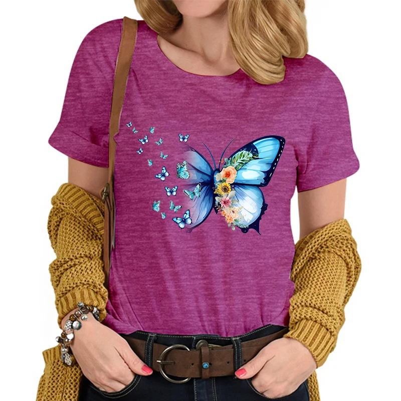 Flower Butterfly Lover Casual Tops Vintage Flower Design Tshirt Female Butterfly Print Premium Casual Short Sleeve TShirt Women