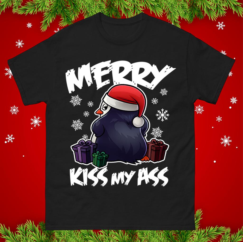 Merry Kiss My A Funny Penguin Christmas T Shirt Rude Xmas Adults Tee Shirt
