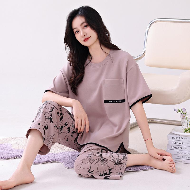 Pajamas women's summer pure cotton short-sleeved printed cropped pants thin cotton women's loungewear summer loose large size set