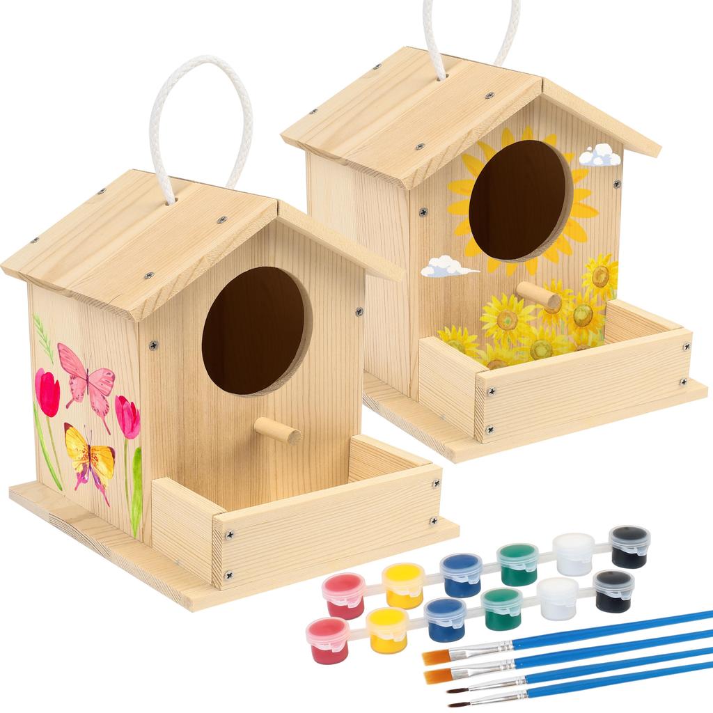 DIY Wooden Bird House Kits Creative Arts and Crafts Set for Kids & Adults Unfinished Wood Birdhouses with Paint Strips Brushes