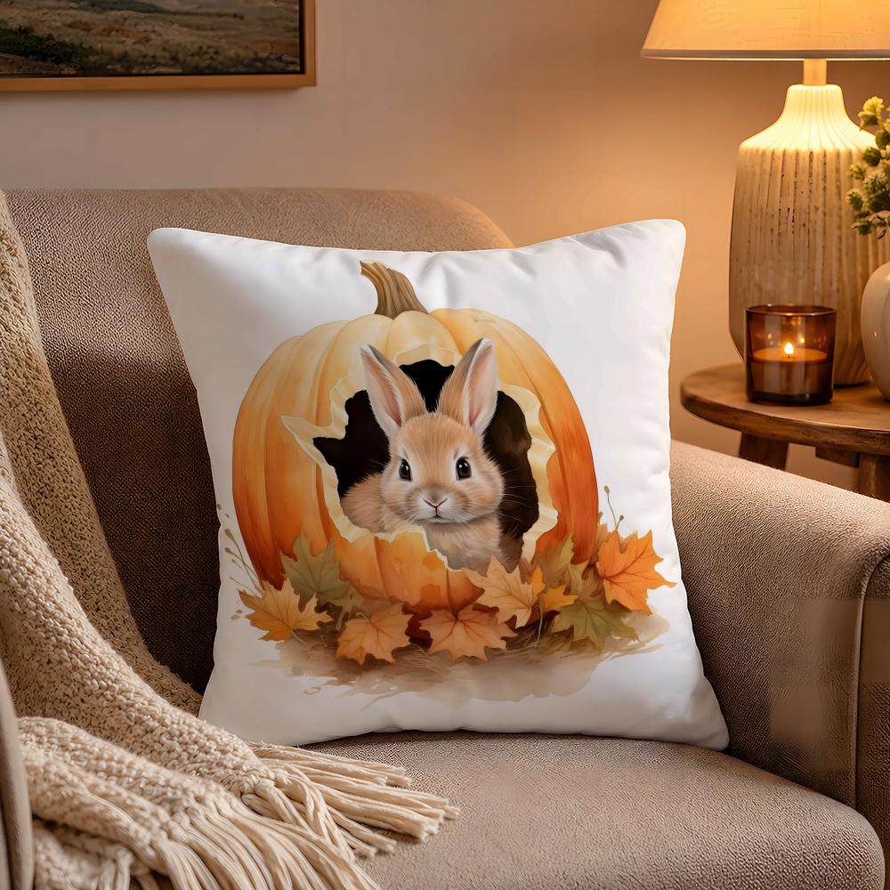 Fall Pumpkin Bunny Orange Design Cushion Cover Soft Plush Cushion Cover Double Print And Invisible Zipper For Sofa Home Car Use