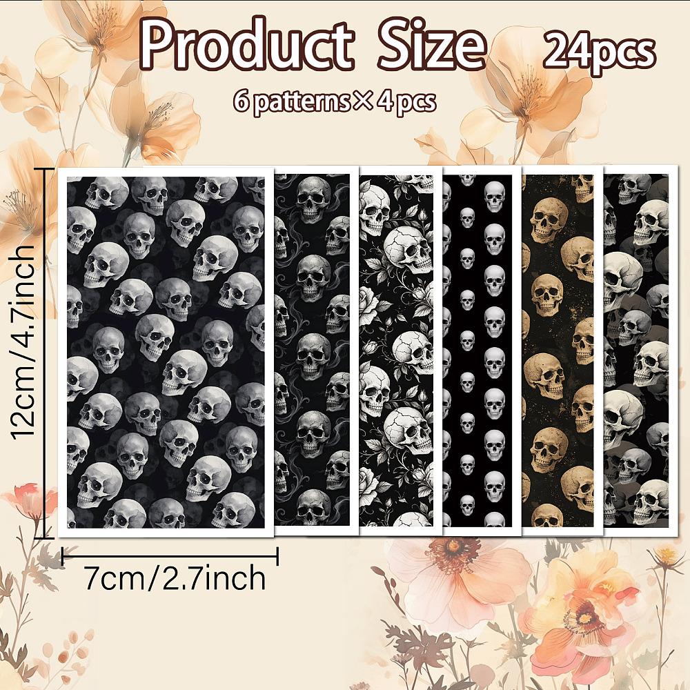 24 Sheets 6 Styles Ceramics Clay Water Transfer Paper Underglaze Transfer Decals for DIY Earrings Pendants Hair Clip Skull 12x7cm 4 sheets/style