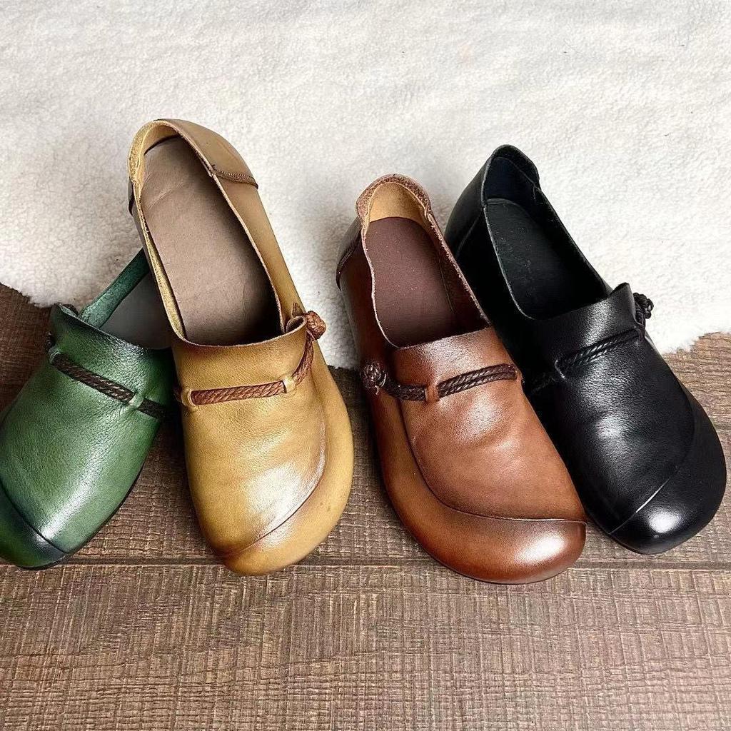 Läderskor Dam vår och höst Enstaka färger Bekväm mjuk botten runt spänne Platt hälspänne Retro mångsidiga skor
