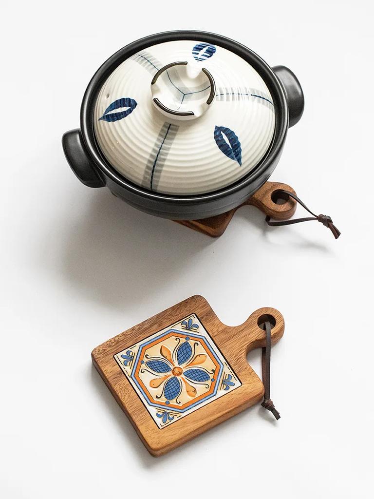 Posavasos de Baldosa Vintage Base de Madera para Comedor en Casa Esterilla Aislante Cacerola Resistente al Calor Mesa de Cocina Olla