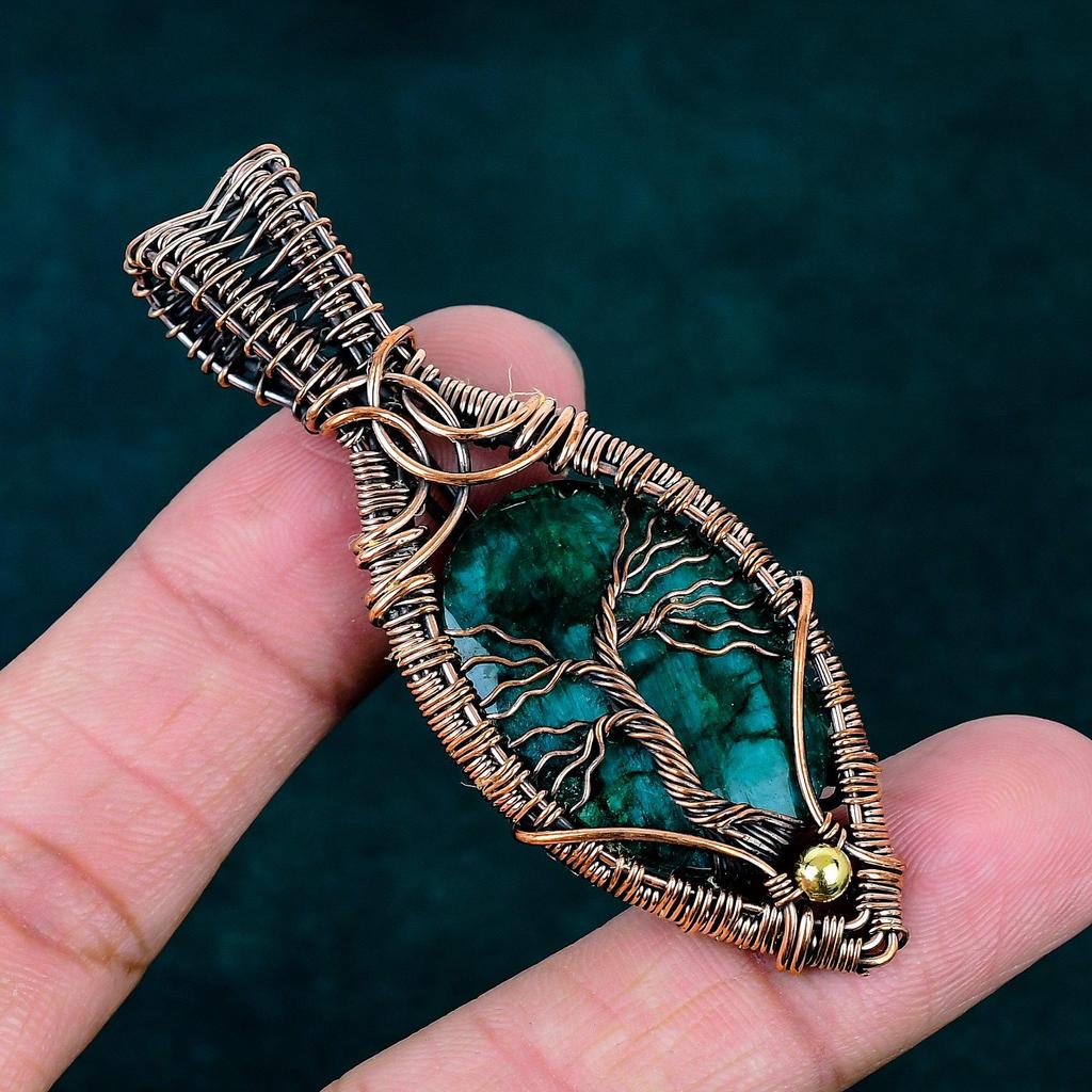 Faceted zambian emerald copper pendant handmade unique pendant copper wire wrapped jewelry original gemstone jewelry tree of life pendant