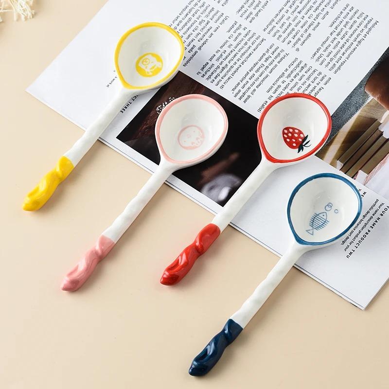 4pcs Ceramic Spoon, Extended Handle Soup Spoon, Noodle Spoon, Cartoon Creative Ladle