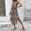Women's Vintage Floral Print Sleeveless Dress Casual Waist Tie Midi Dress with Side Slit Summer Beach Dress