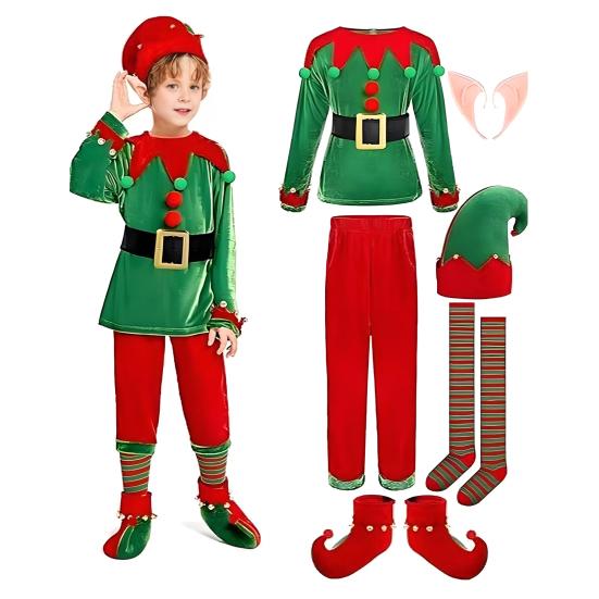 Christmas Elf Costume Set Boys Girls Festive Elf Outfit Kids Classic Red Green Elf Hat Stockings Set Dress-up Attire for Parties Cosplay Performance