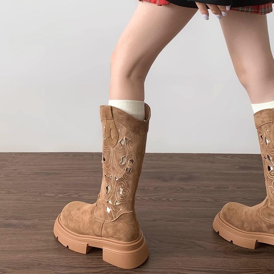 Retro britský styl ale ke kolenům vysoké boty na silné podrážce dámské 2025 nové jarní a podzimní zvyšující duté V-výstřih rytířské boty