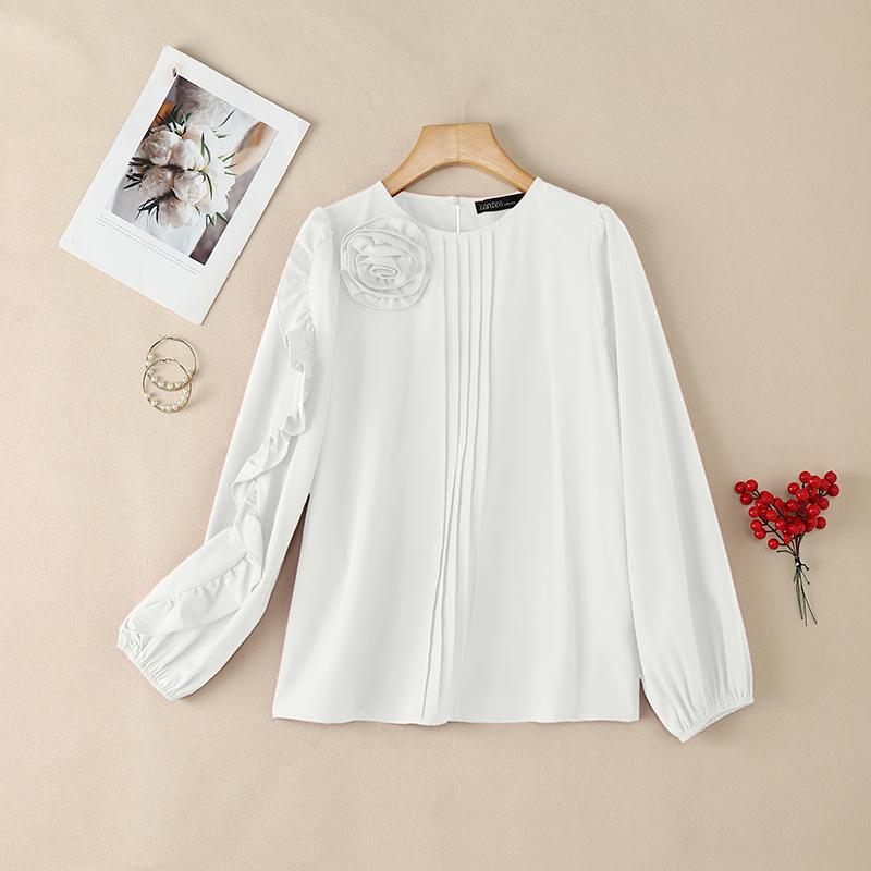ZANZEA Women 3D Floral Splice Casual Round Neck Long Sleeve Blouse