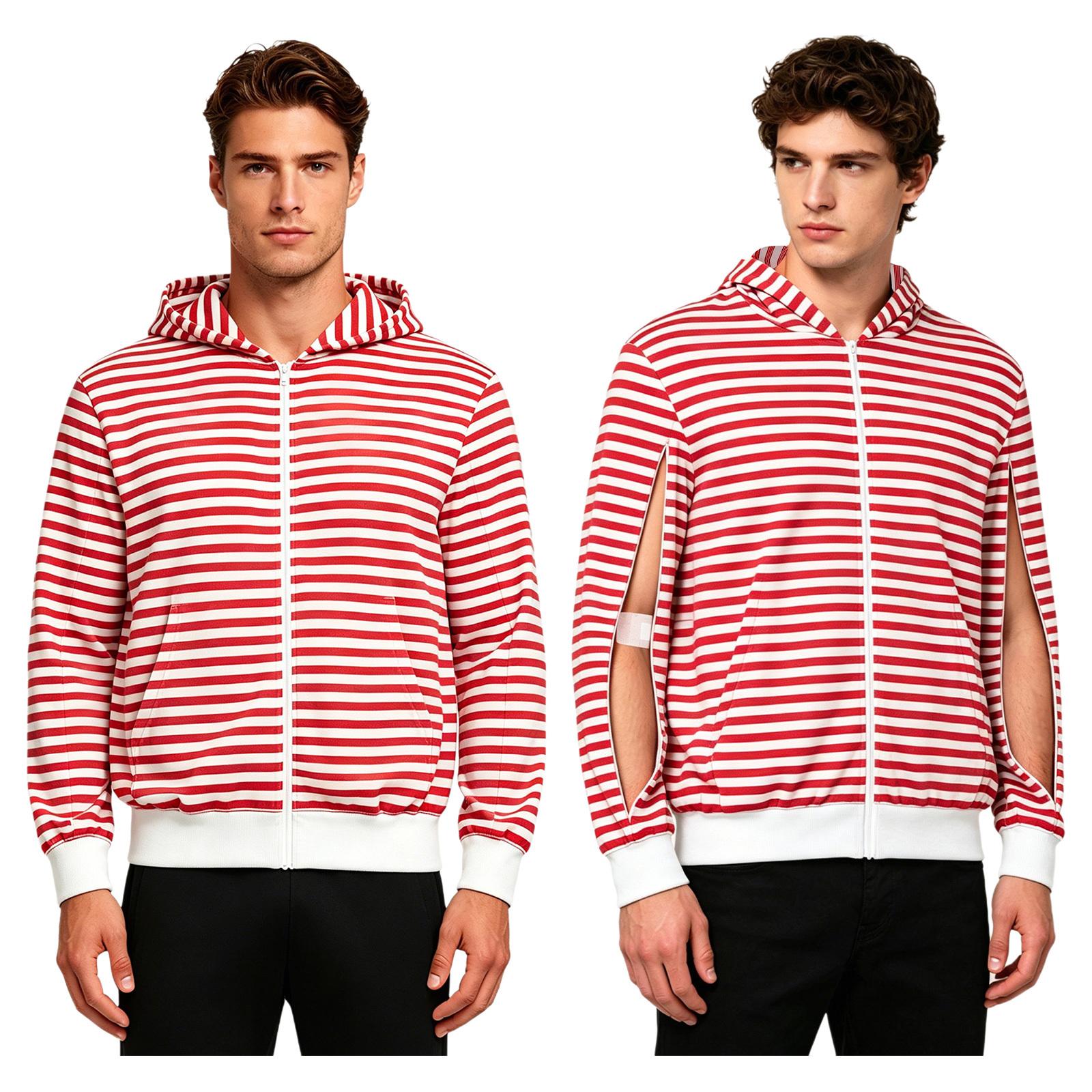 Herren Full-Zip Dialyse Hoodie Langarm Armreißverschluss Hämodialyse Sweatshirt Gestreifte Jacke mit Taschen für medizinische Behandlung XS rot