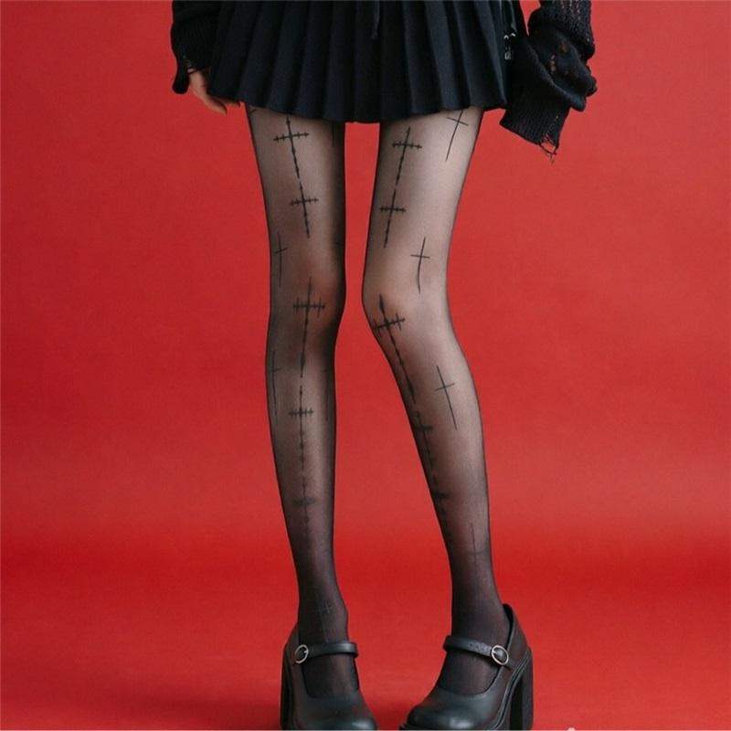 Printed cross stockings, thin anti-snatch pantyhose, sweet hottie black stockings, personalized punk style bottoming stockings for women