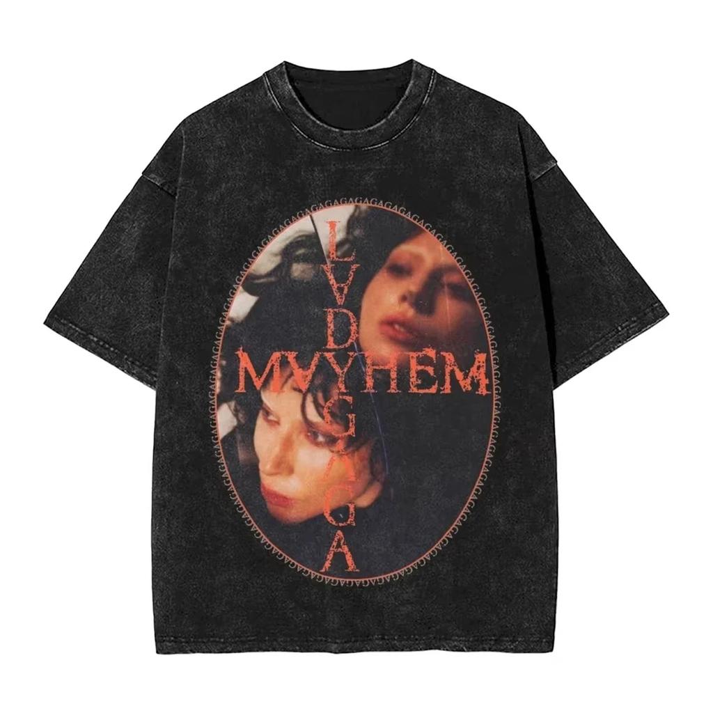 Singer Lady Gagas washed Tshirt a messy hiphop retro streetwear with sleeve prints unisex top