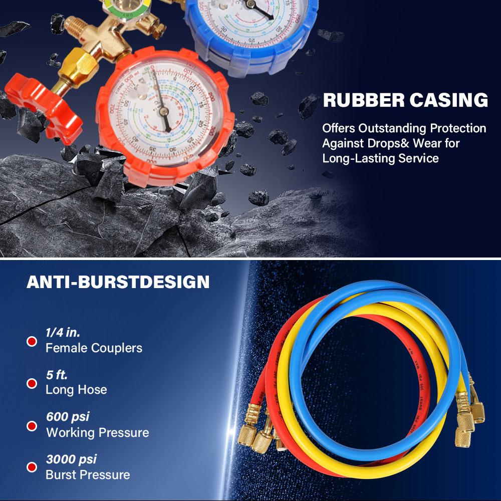 Pro 3 Way AC Diagnostic Manifold Gauge Set with Complete Hose and Hook Kit Advanced Refrigerant Testing Tool for R134A R22 R404A