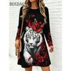 New Fashion Cute Cat Pattern Women Dresses Autumn Long Sleeve Street Ladies Dress Casual Loose Home A-Line Dress