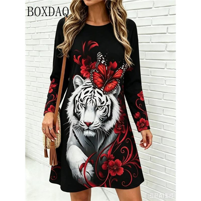 New Fashion Cute Cat Pattern Women Dresses Autumn Long Sleeve Street Ladies Dress Casual Loose Home A-Line Dress