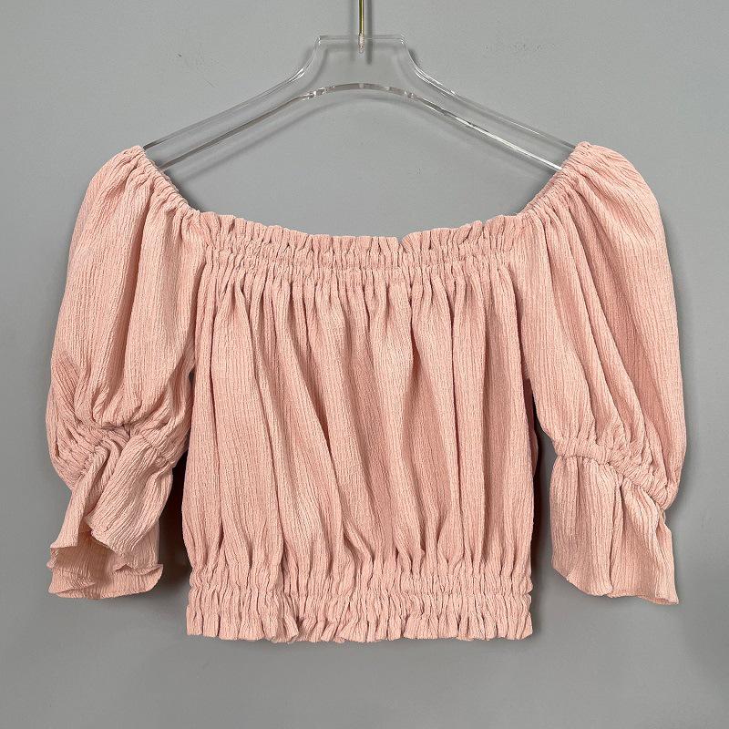 Korean Ruffled Off-Shoulder Puff Sleeve Lace Cropped Top