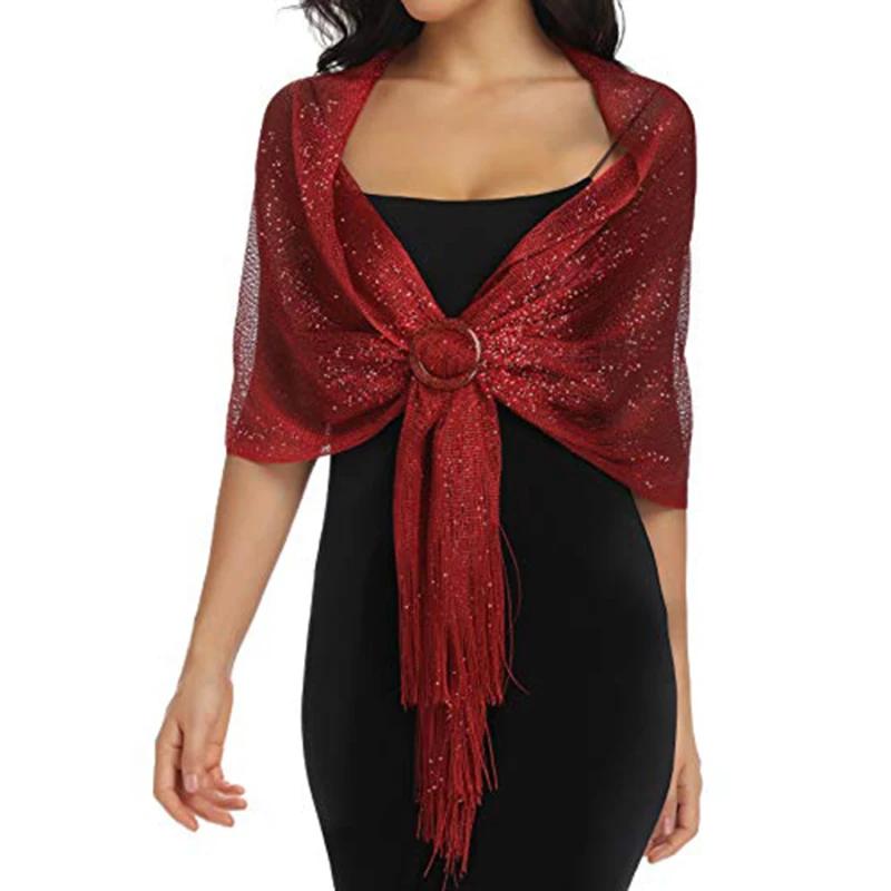 Shiny Round Buckle Tassel Wraps Scarf – European and American Fashion Trend for Evening Party, Dance, Wedding, and Beach Getaway