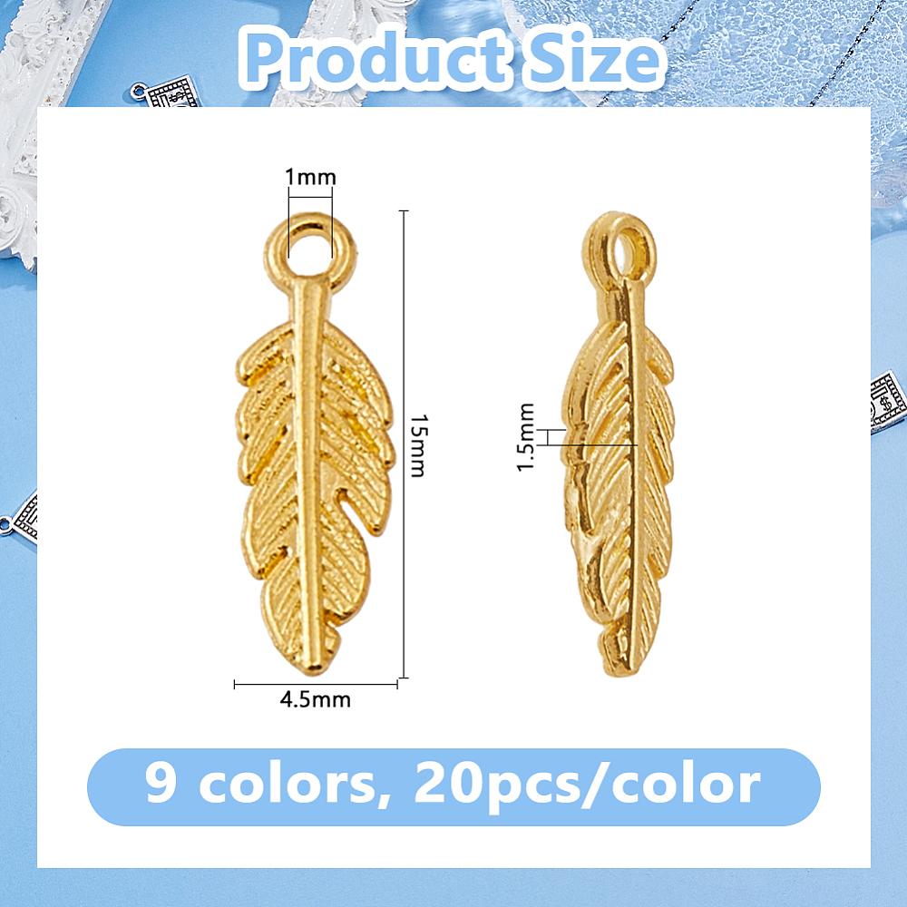 180Pcs 9 Colors Tibetan Style Zinc Alloy Pendants Feather Charms Mixed Color 15x4.5x1.5mm Hole: 1mm 20pcs/color