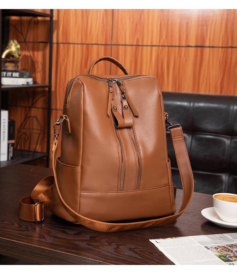 Schoolbag Soft Leather Women's Backpack Double Zipper Solid Color Vintage School Bag Casual Versatile Shoulder Bag Travel Backpack Portable