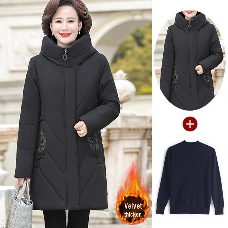 Red Mid-Length Winter Jacket for Middle-Aged and Elderly Women - Thick, Cotton-Padded, Suitable for Spring and Autumn