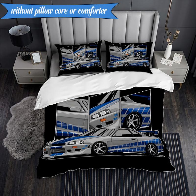 3PCS Skyline Blue Racing Spirit Speed Style Bedding Set 2D Printing (Includes 1 Duvet Cover + 2 Pillowcases Coreless), Bedroom decor,Fan gift