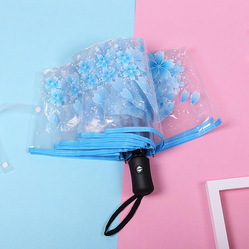 Japonský lesní styl průhledný deštník s třešňovými květy s klenutou dlouhou rukojetí pro studenty