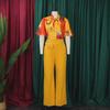 D341 European/American Summer Printed Stand-Up Collar Long Sleeve Shirt & Wide-Leg Pants Two-Piece Fashion Suit