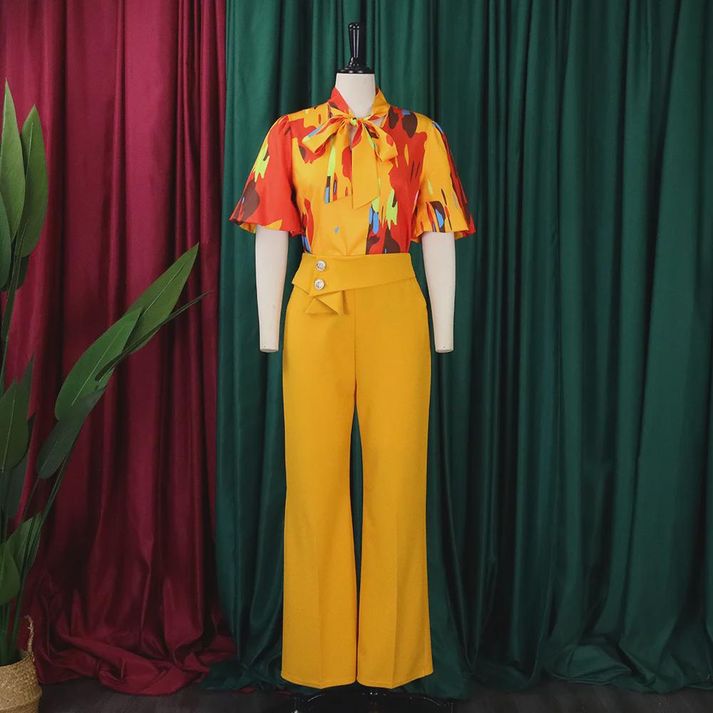 D341 European/American Summer Printed Stand-Up Collar Long Sleeve Shirt & Wide-Leg Pants Two-Piece Fashion Suit